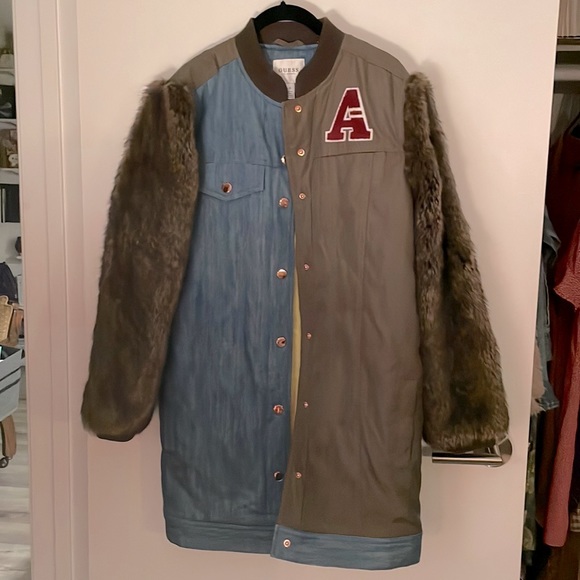 Guess Faux Fur Denim Color Block Coat - Picture 1 of 11